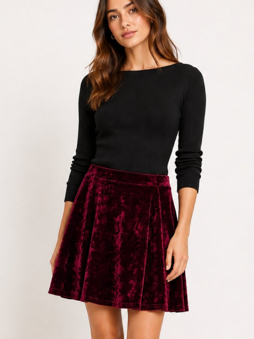 Topshop Velvet Mini Skater Skirt in Deep Red, Size 8